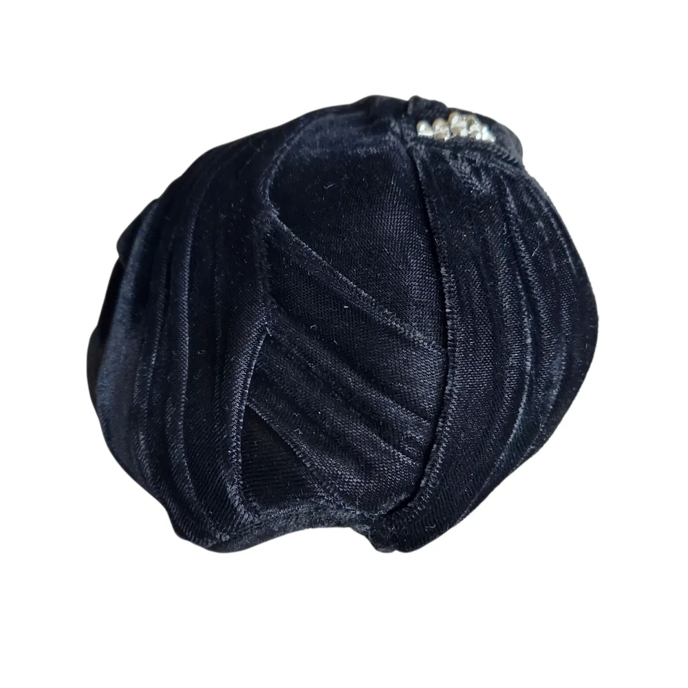Valerie Modes Vintage Black Velvet Hat With Rhinestone Beaded Centerpiece Brooch